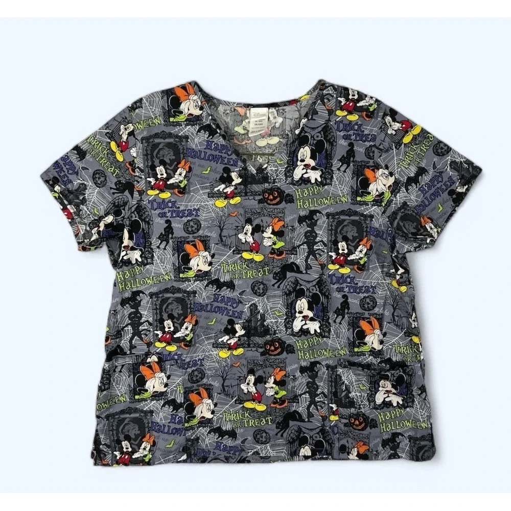 DISNEY Mickey & Minnie Mouse Halloween SCRUBS TOP  Haunted Mansion Gray 2X